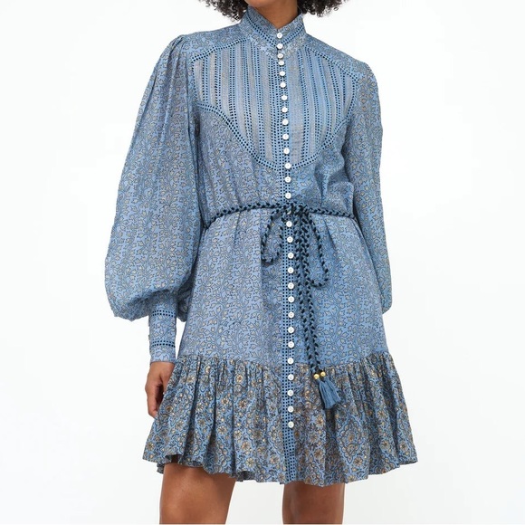 Oliphant Dresses & Skirts - Oliphant High Neck Button Mini Dress in Peri Button/Blue